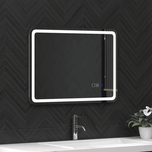 HOMCOM Espelho de Casa de Banho com Luz LED 70x50 cm Espelho de Parede com Bluetooth 3 Cores de Luz Relógio Digital Função Antiembaciamento Função de Memória Interruptor Tátil IP44 Prata