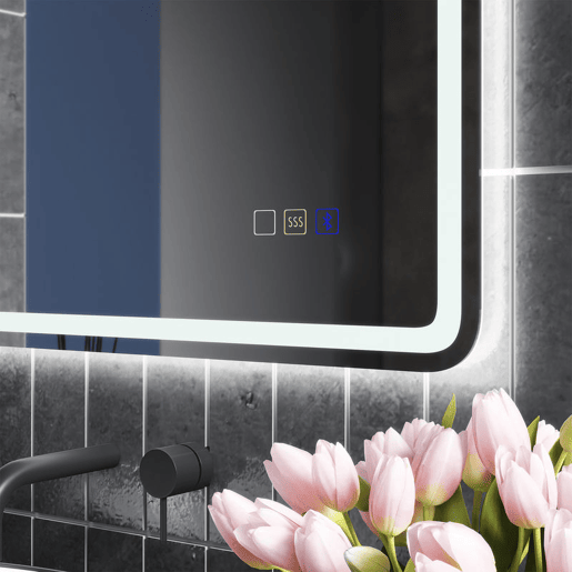 HOMCOM Espelho de Casa de Banho com Luz LED 70x50 cm Espelho de Parede com Bluetooth 3 Cores de Luz Relógio Digital Função Antiembaciamento Função de Memória Interruptor Tátil IP44 Prata