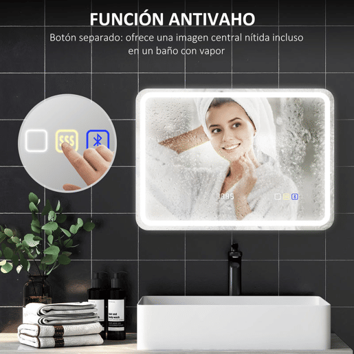 HOMCOM Espelho de Casa de Banho com Luz LED 70x50 cm Espelho de Parede com Bluetooth 3 Cores de Luz Relógio Digital Função Antiembaciamento Função de Memória Interruptor Tátil IP44 Prata