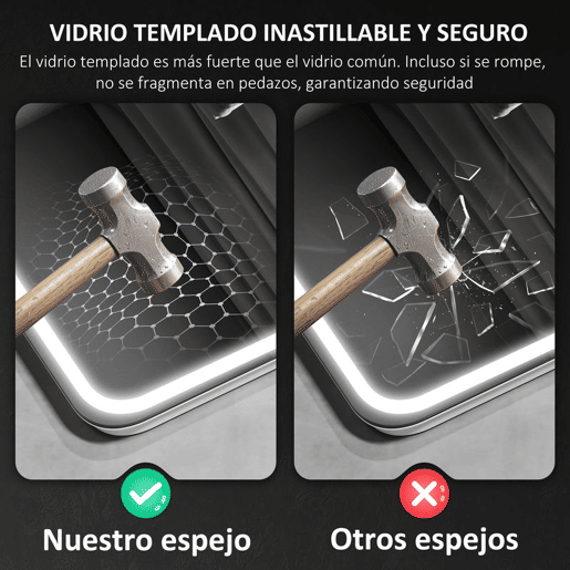 HOMCOM Espelho de Casa de Banho com Luz LED 70x50 cm Espelho de Parede com Bluetooth 3 Cores de Luz Relógio Digital Função Antiembaciamento Função de Memória Interruptor Tátil IP44 Prata