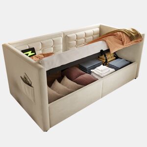 Sofá cama individual de veludo 90x200cm com armazenamento,bege