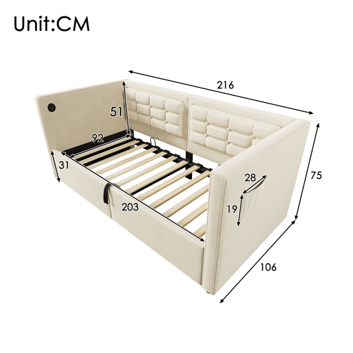 Sofá cama individual de veludo 90x200cm com armazenamento,bege