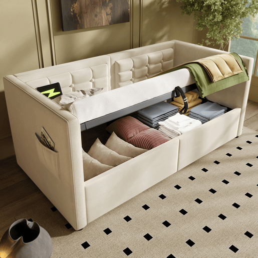 Sofá cama individual de veludo 90x200cm com armazenamento,bege