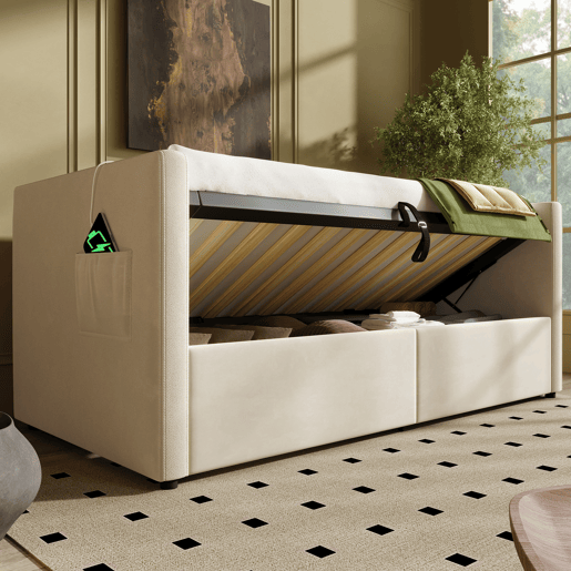 Sofá cama individual de veludo 90x200cm com armazenamento,bege