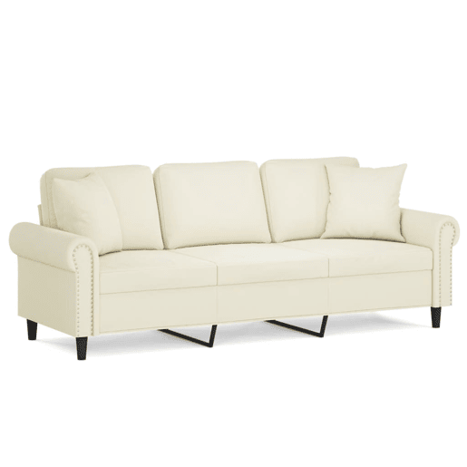 Sofá 3 lugares - Sofá fixo c almofadas decorativas 180 cm veludo creme