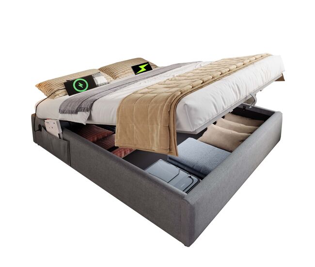 Cama de matrimonio de algodón y lino 140x200cm con almacenaje,gris