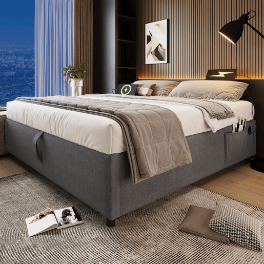 Cama de casal de algodão e linho 140x200cm com armazenamento,cinzento