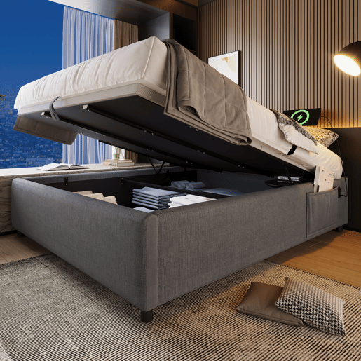 Cama de casal de algodão e linho 140x200cm com armazenamento,cinzento