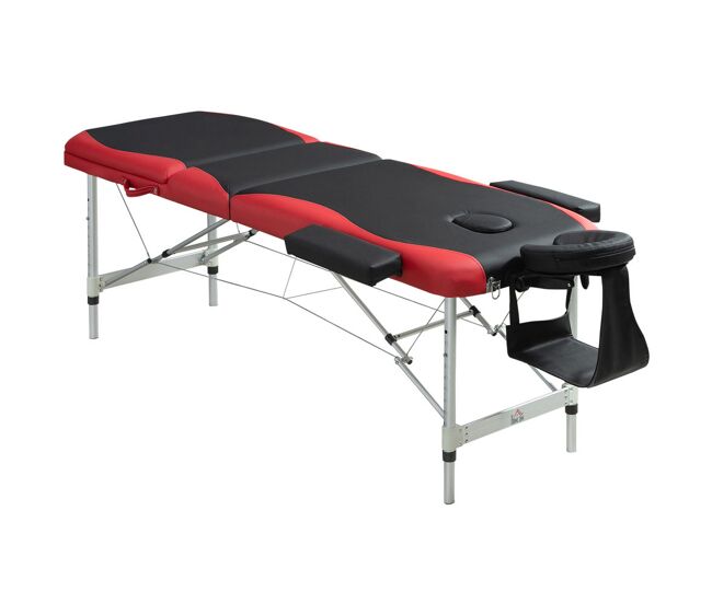 Homcom camilla masaje plegable camilla estética profesional de aluminio de 3 zonas con respaldo altura ajustable 9 niveles reposacabezas extraíble reposabrazos bolsa para spa 210x81 cm negro y rojo