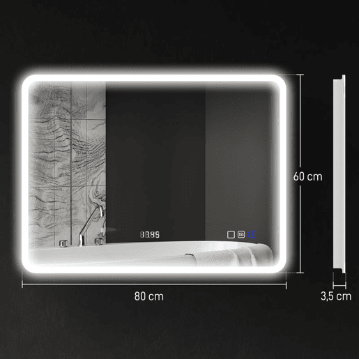 HOMCOM Espelho de Casa de Banho com Luz LED 80x60 cm Espelho de Parede com Bluetooth 3 Cores de Luz Relógio Digital Função Antiembaciamento Função de Memória Interruptor Tátil IP44 Prata