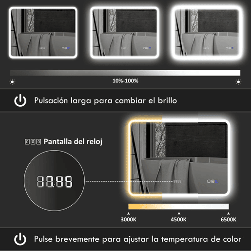 HOMCOM Espelho de Casa de Banho com Luz LED 80x60 cm Espelho de Parede com Bluetooth 3 Cores de Luz Relógio Digital Função Antiembaciamento Função de Memória Interruptor Tátil IP44 Prata