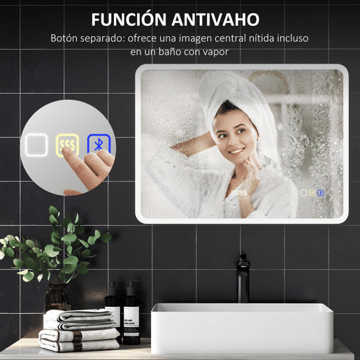 HOMCOM Espelho de Casa de Banho com Luz LED 80x60 cm Espelho de Parede com Bluetooth 3 Cores de Luz Relógio Digital Função Antiembaciamento Função de Memória Interruptor Tátil IP44 Prata