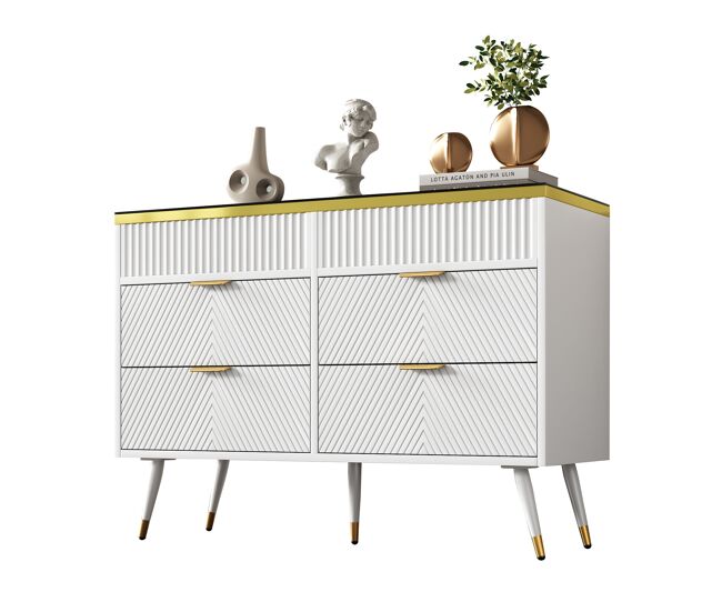 Cómoda de panel de partículas y vidrio con 6 cajones,blanco