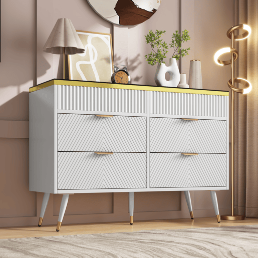 Cômoda de painel de partículas e vidro com 6 gavetas,branco