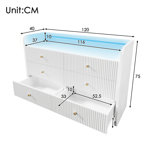 Cômoda de painel de partículas com luz led e 6 gavetas,branco