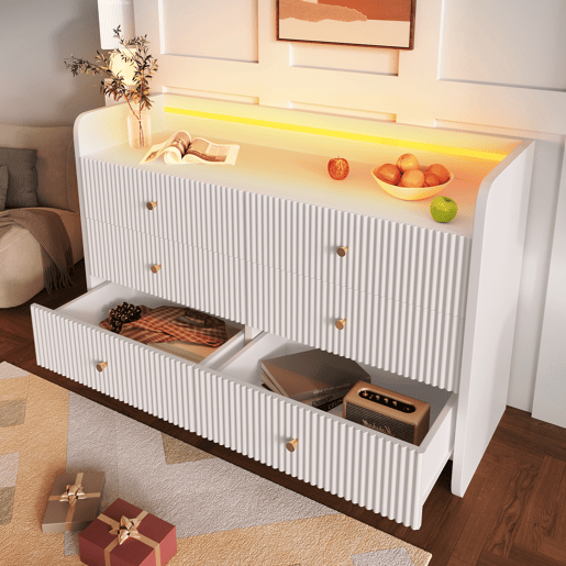 Cômoda de painel de partículas com luz led e 6 gavetas,branco