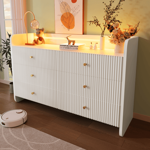 Cômoda de painel de partículas com luz led e 6 gavetas,branco