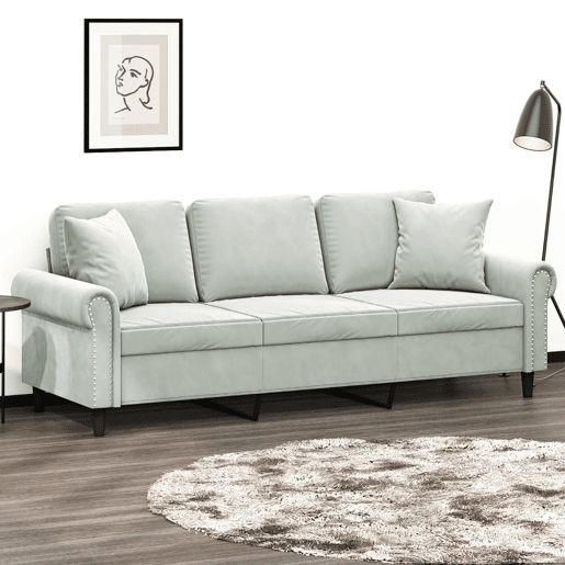 Sofá 3 lugares - Sofá fixo + almofadas decorativas 180cm veludo cinza-claro