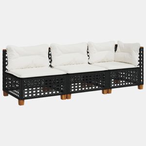 vidaXL Sofá de jardim 3 lugares com almofadões vime PE preto