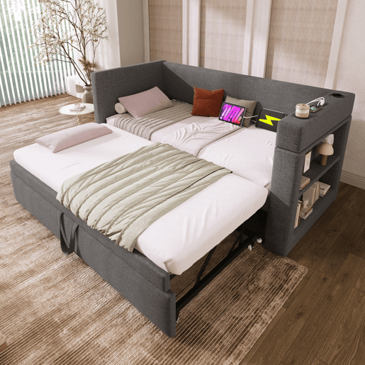 Sofá cama individual de algodão e linho 90x190cm,cinzento