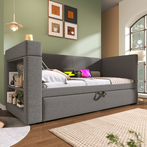 Sofá cama individual de algodão e linho 90x190cm,cinzento