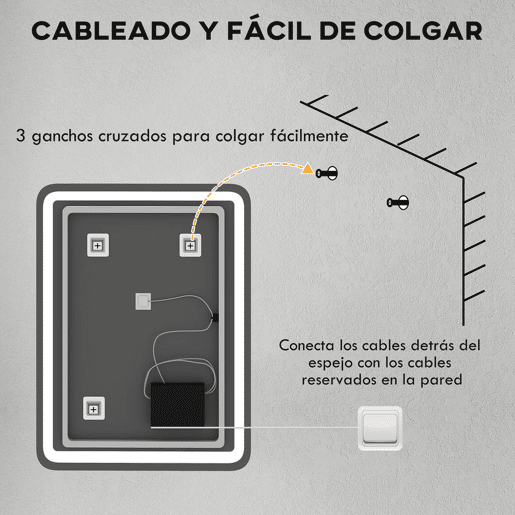 HOMCOM Espelho Casa de banho com Luzes LED 60x80 cm Espelho de Parede Antiembaciamento com 3 Temperaturas de Cor Ajustável e Função de Memória Horizontal e Vertical Prata