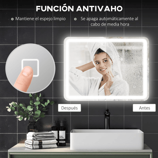 HOMCOM Espelho Casa de banho com Luzes LED 60x80 cm Espelho de Parede Antiembaciamento com 3 Temperaturas de Cor Ajustável e Função de Memória Horizontal e Vertical Prata