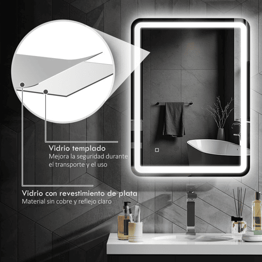 HOMCOM Espelho Casa de banho com Luzes LED 60x80 cm Espelho de Parede Antiembaciamento com 3 Temperaturas de Cor Ajustável e Função de Memória Horizontal e Vertical Prata