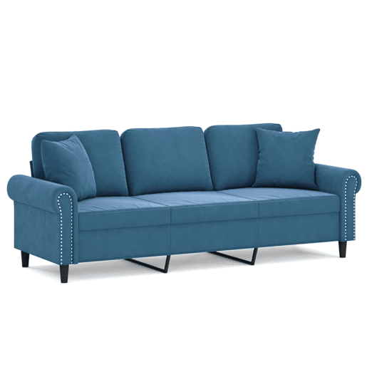 Sofá 3 lugares - Sofá fixo c almofadas decorativas 180 cm veludo azul