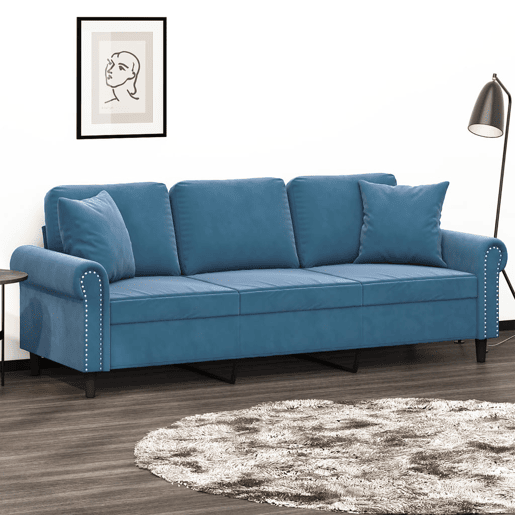 Sofá 3 lugares - Sofá fixo c almofadas decorativas 180 cm veludo azul