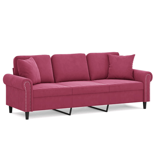 Sofá 3 lug. - Sofá fixo + almofadas decorativas 180cm veludo vermelho tinto
