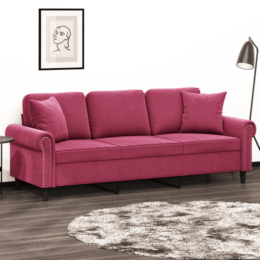 Sofá 3 lug. - Sofá fixo + almofadas decorativas 180cm veludo vermelho tinto