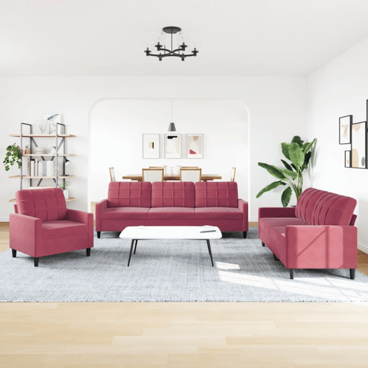 vidaXL 3 pcs conjunto de sofás com almofadões veludo vermelho tinto vidaXL 3 pcs conjunto de sofás com almofadões veludo vermelho tinto