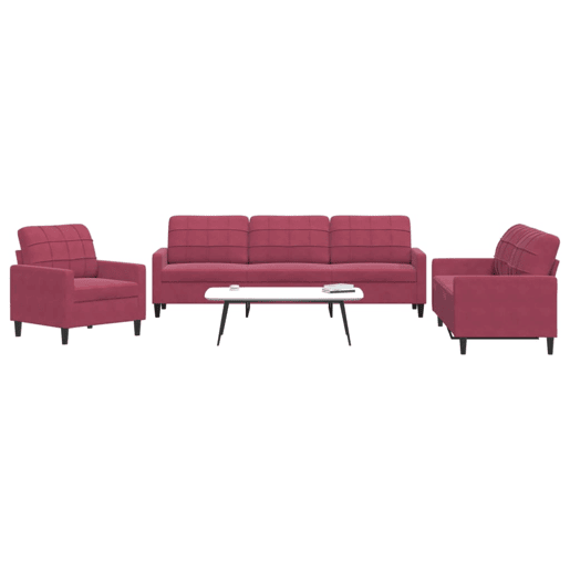 vidaXL 3 pcs conjunto de sofás com almofadões veludo vermelho tinto vidaXL 3 pcs conjunto de sofás com almofadões veludo vermelho tinto