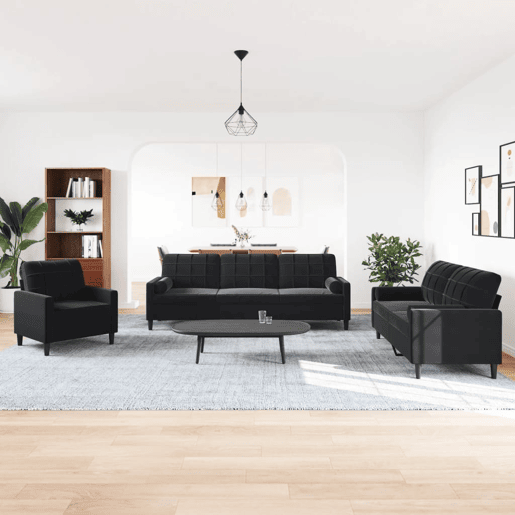 vidaXL 3 pcs conjunto de sofás com almofadões e rolos veludo preto vidaXL 3 pcs conjunto de sofás com almofadões e rolos veludo preto