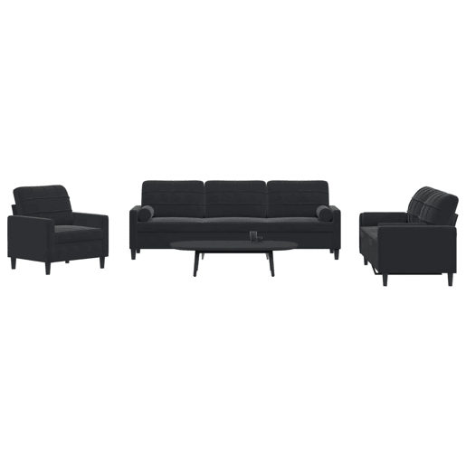 vidaXL 3 pcs conjunto de sofás com almofadões e rolos veludo preto vidaXL 3 pcs conjunto de sofás com almofadões e rolos veludo preto