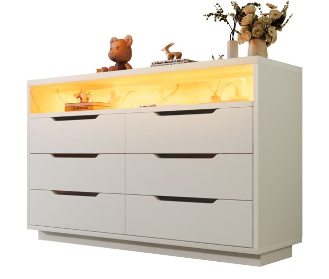 Cómoda de panel de partículas con luz led y 6 cajones,blanco