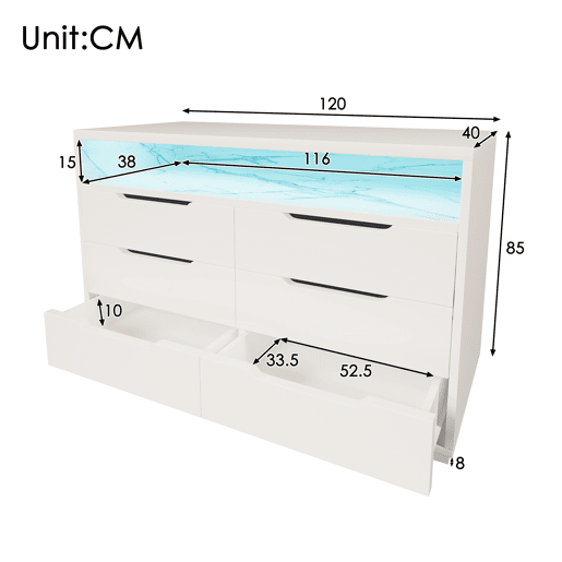 Cômoda de painel de partículas com luz led e 6 gavetas,branco