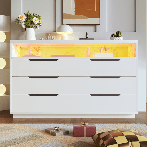 Cômoda de painel de partículas com luz led e 6 gavetas,branco