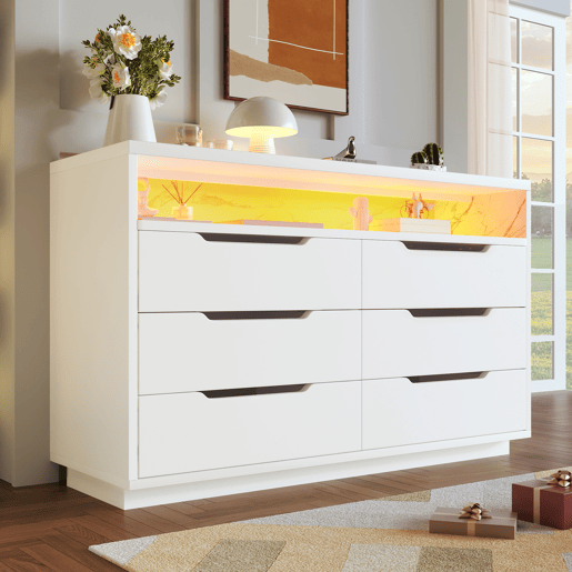 Cômoda de painel de partículas com luz led e 6 gavetas,branco