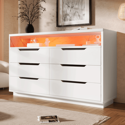 Cômoda de painel de partículas com luz led e 6 gavetas,branco