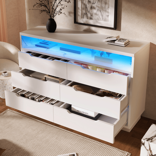 Cômoda de painel de partículas com luz led e 6 gavetas,branco