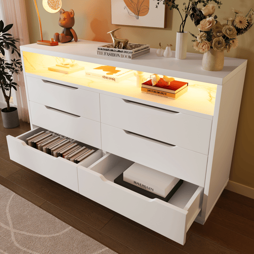 Cômoda de painel de partículas com luz led e 6 gavetas,branco