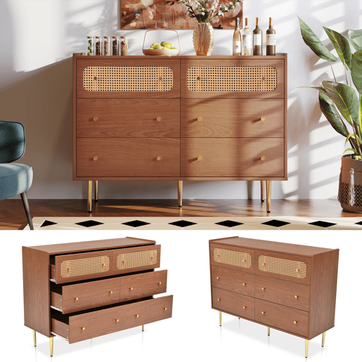 Cômoda de madeira e metal com 6 gavetas,noz