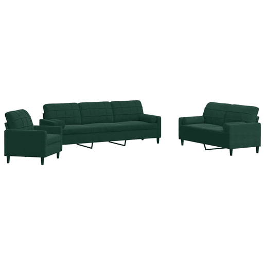 vidaXL 3 pcs conjunto sofás com almofadões e rolos veludo verde-escuro