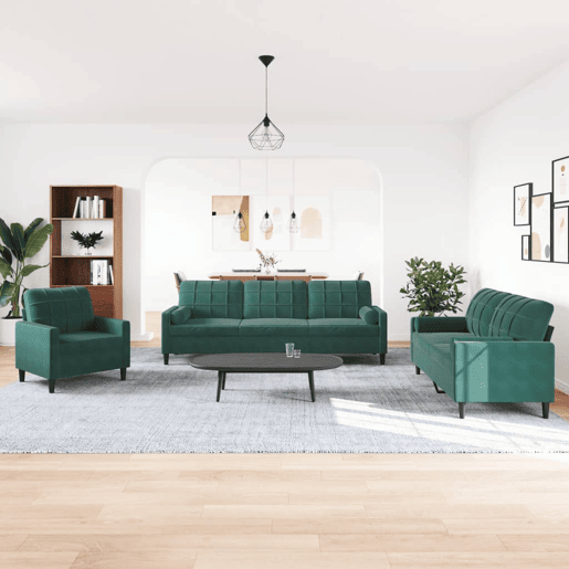 vidaXL 3 pcs conjunto sofás com almofadões e rolos veludo verde-escuro