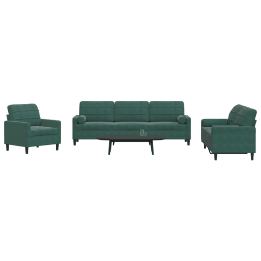 vidaXL 3 pcs conjunto sofás com almofadões e rolos veludo verde-escuro