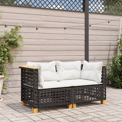 vidaXL Sofás de canto p jardim c almofadões 2 pcs vime PE preto