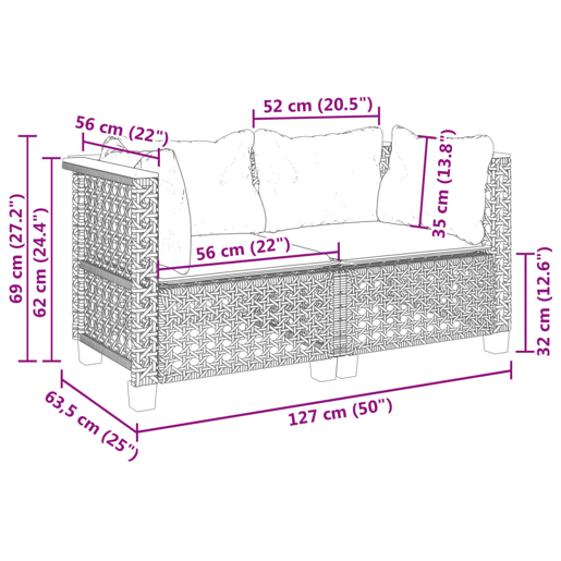 vidaXL Sofás de canto p jardim c almofadões 2 pcs vime PE preto