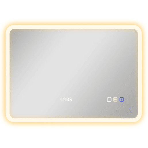 HOMCOM Espelho de Casa de Banho com Luz LED Bluetooth 70x50 cm, Espelho de Parede com 3 Tons de Luz, Relógio Digital, Brilho Ajustável, Antivapor, Memória, Interruptor Tátil, IP44